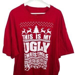 Mens 2X Red Christmas Graphic Tee Ugly Christmas Sweater Style Holiday Shirt